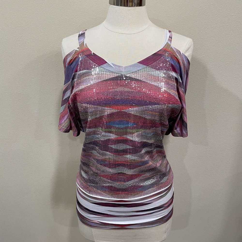 Colorful Cold Shoulder Short Sleeved Shirt Blouse Daytrip Size Small